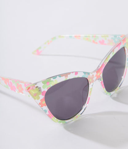 Clear Pastel Floral Cat Eye Sunglasses - Unique Vintage - Womens, ACCESSORIES, SUNGLASSES