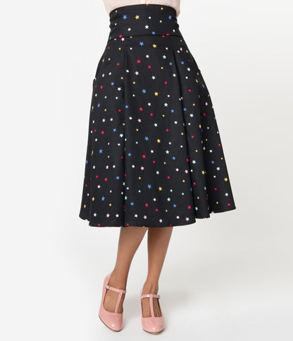 Collectif 1950s Black & Multicolor Stars Alexa Suspender Swing Skirt - Unique Vintage - Womens, BOTTOMS, SKIRTS