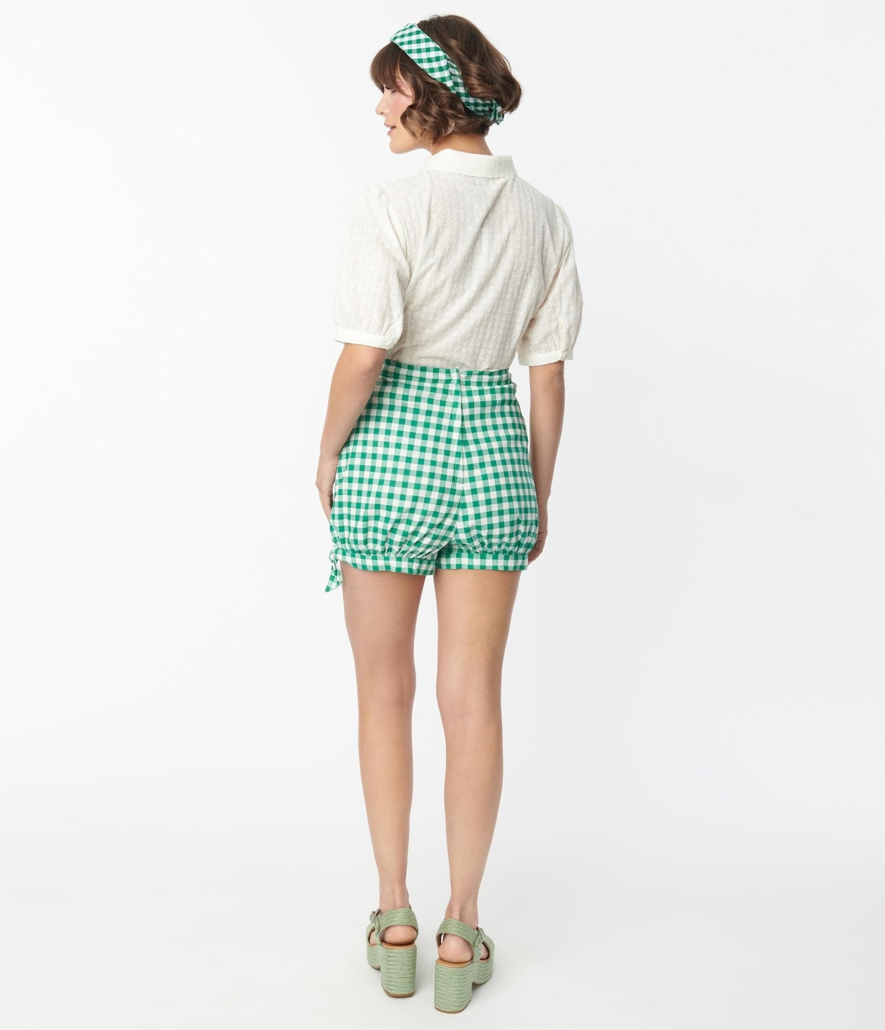 Collectif 1950s Green Gingham Rylee Shorts - Unique Vintage - Womens, BOTTOMS, SHORTS