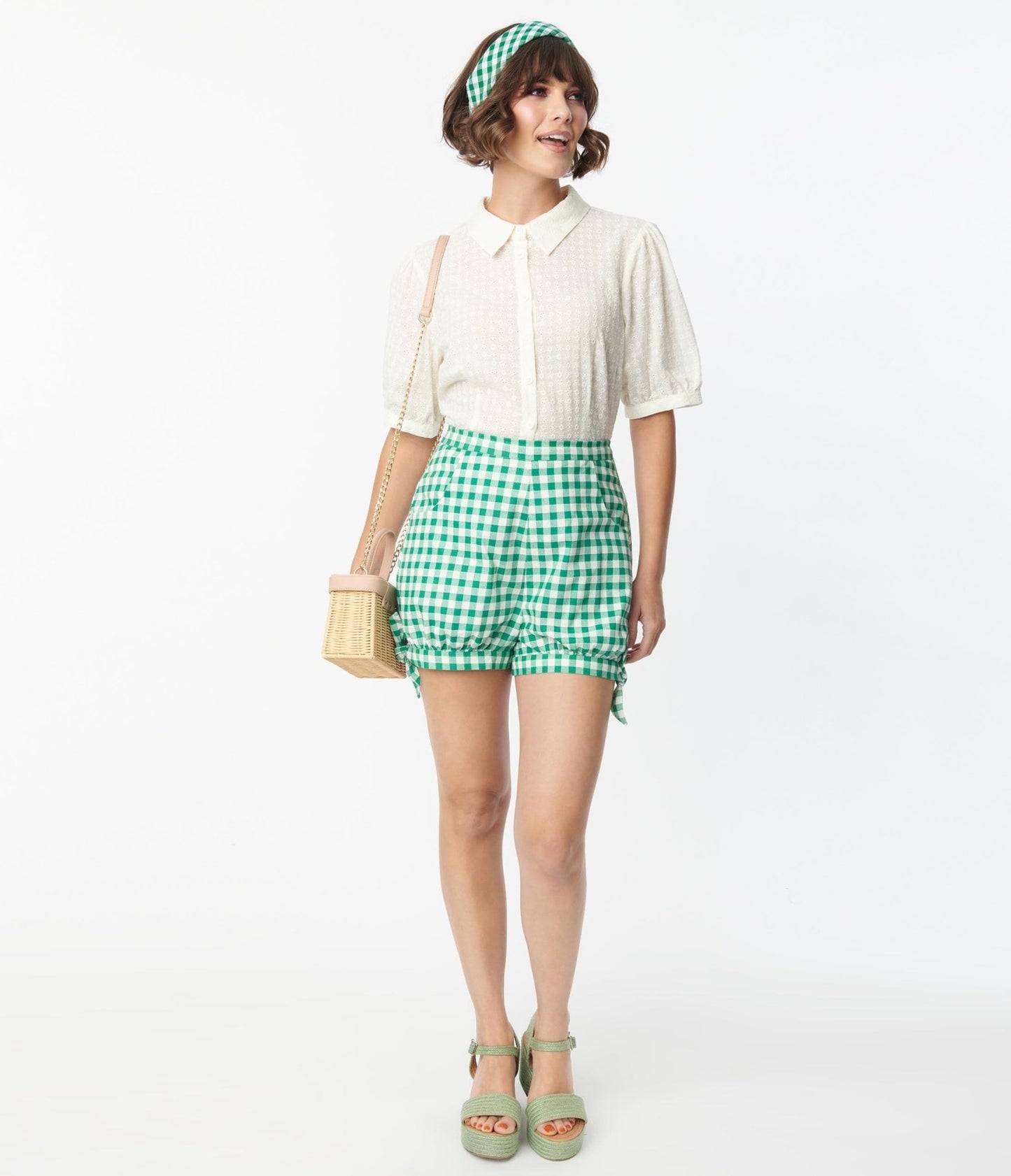Collectif 1950s Green Gingham Rylee Shorts - Unique Vintage - Womens, BOTTOMS, SHORTS
