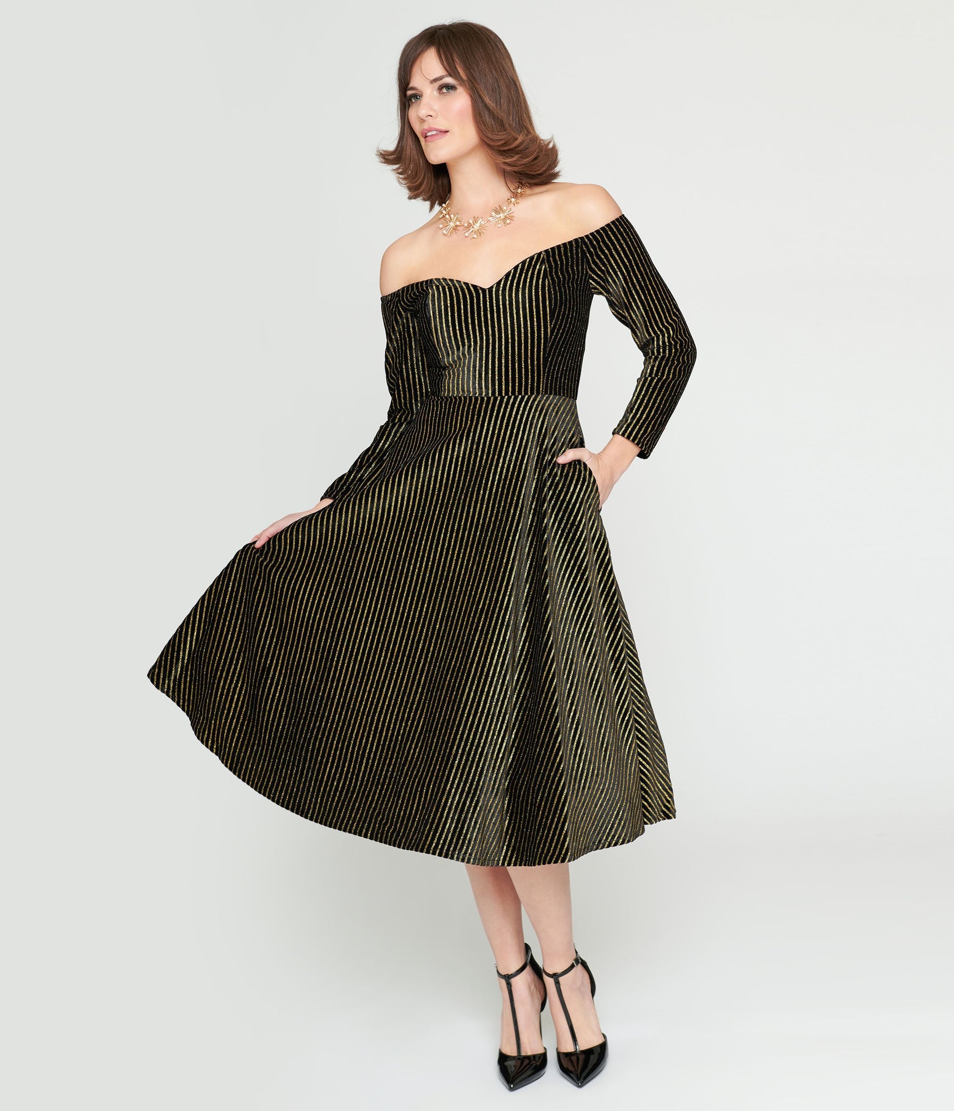 Collectif Black & Gold Glitter Striped Anjelica Swing Dress - Unique Vintage - Womens, DRESSES, SWING