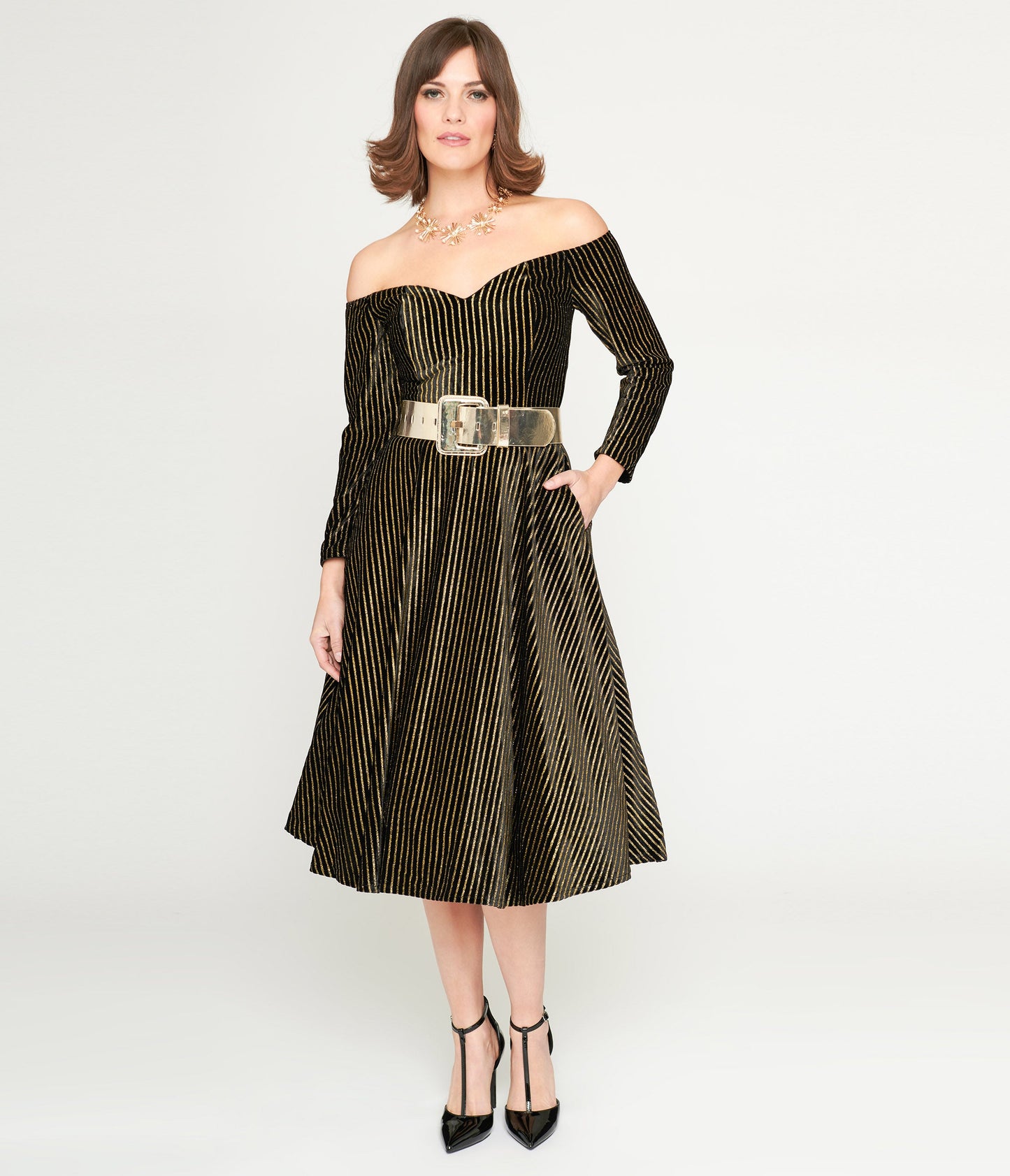 Collectif Black & Gold Glitter Striped Anjelica Swing Dress - Unique Vintage - Womens, DRESSES, SWING