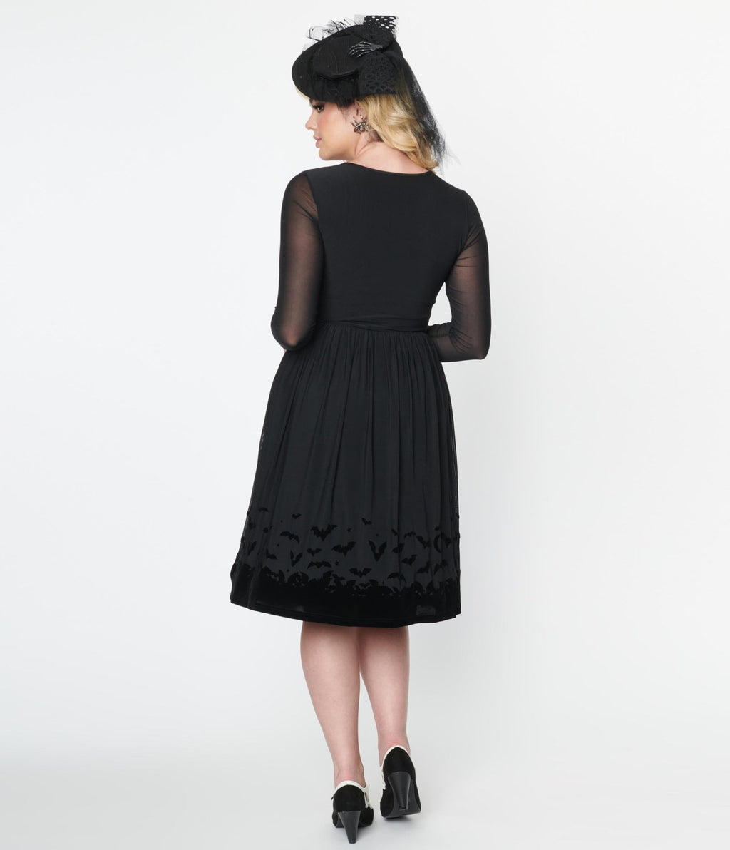 Collectif Black Mesh Bat Border Swing Dress - Unique Vintage - Womens, HALLOWEEN, DRESSES