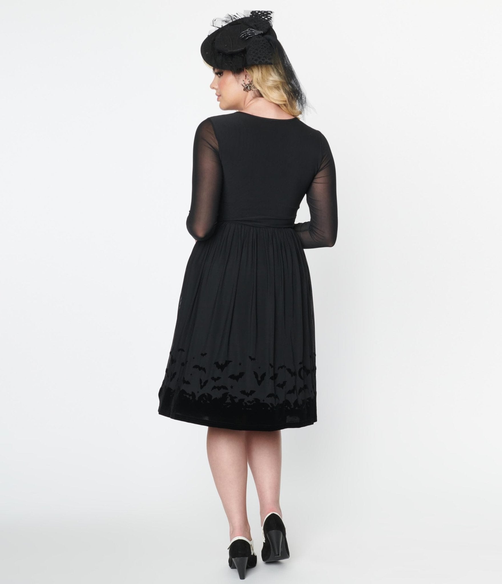 Collectif Black Mesh Bat Border Swing Dress - Unique Vintage - Womens, HALLOWEEN, DRESSES