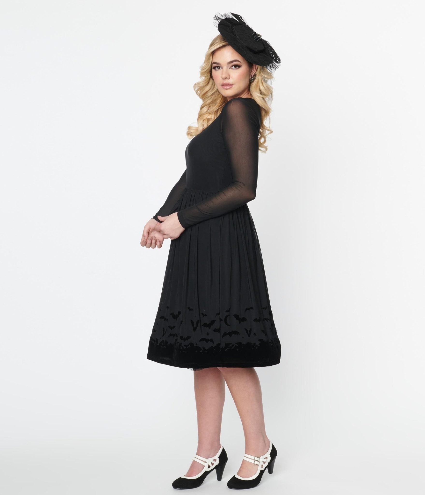 Collectif Black Mesh Bat Border Swing Dress - Unique Vintage - Womens, HALLOWEEN, DRESSES