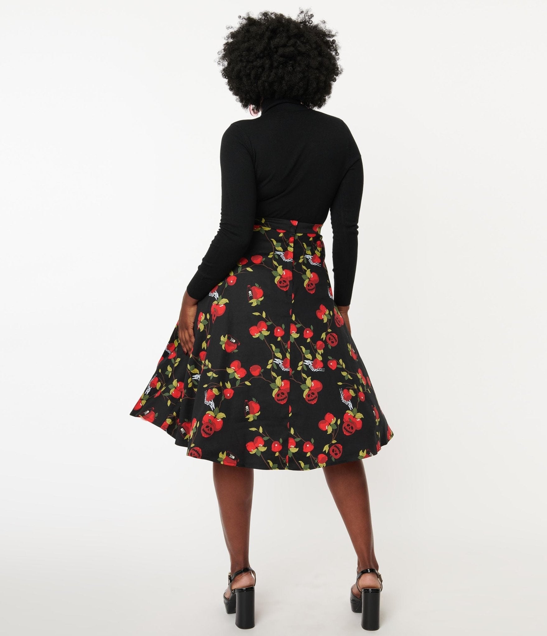 Collectif Black & Red Deathly Apples Cassie Swing Skirt - Unique Vintage - Womens, HALLOWEEN, BOTTOMS