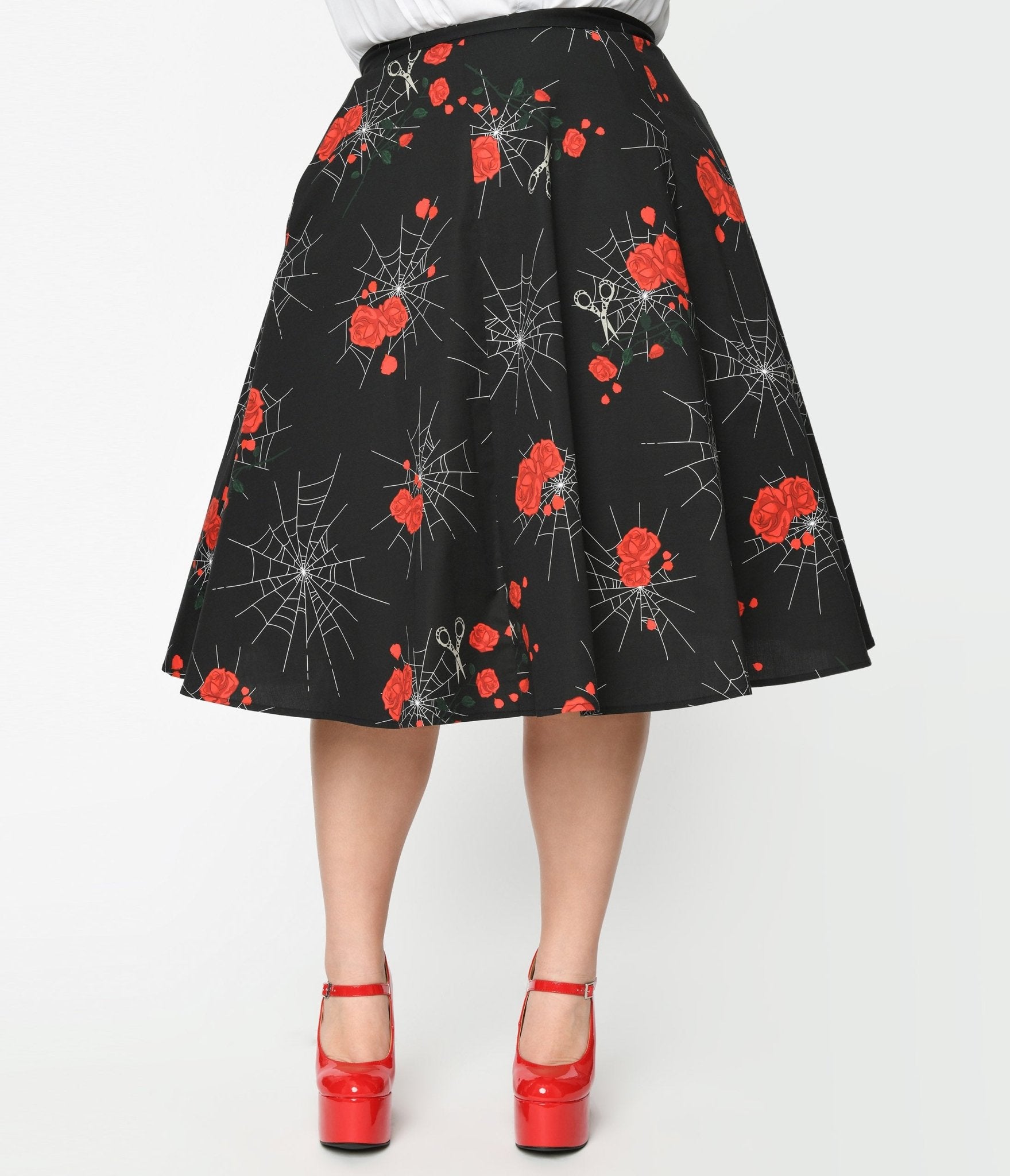 Collectif Black Spinners Web & Roses Swing Skirt - Unique Vintage - Womens, HALLOWEEN, BOTTOMS