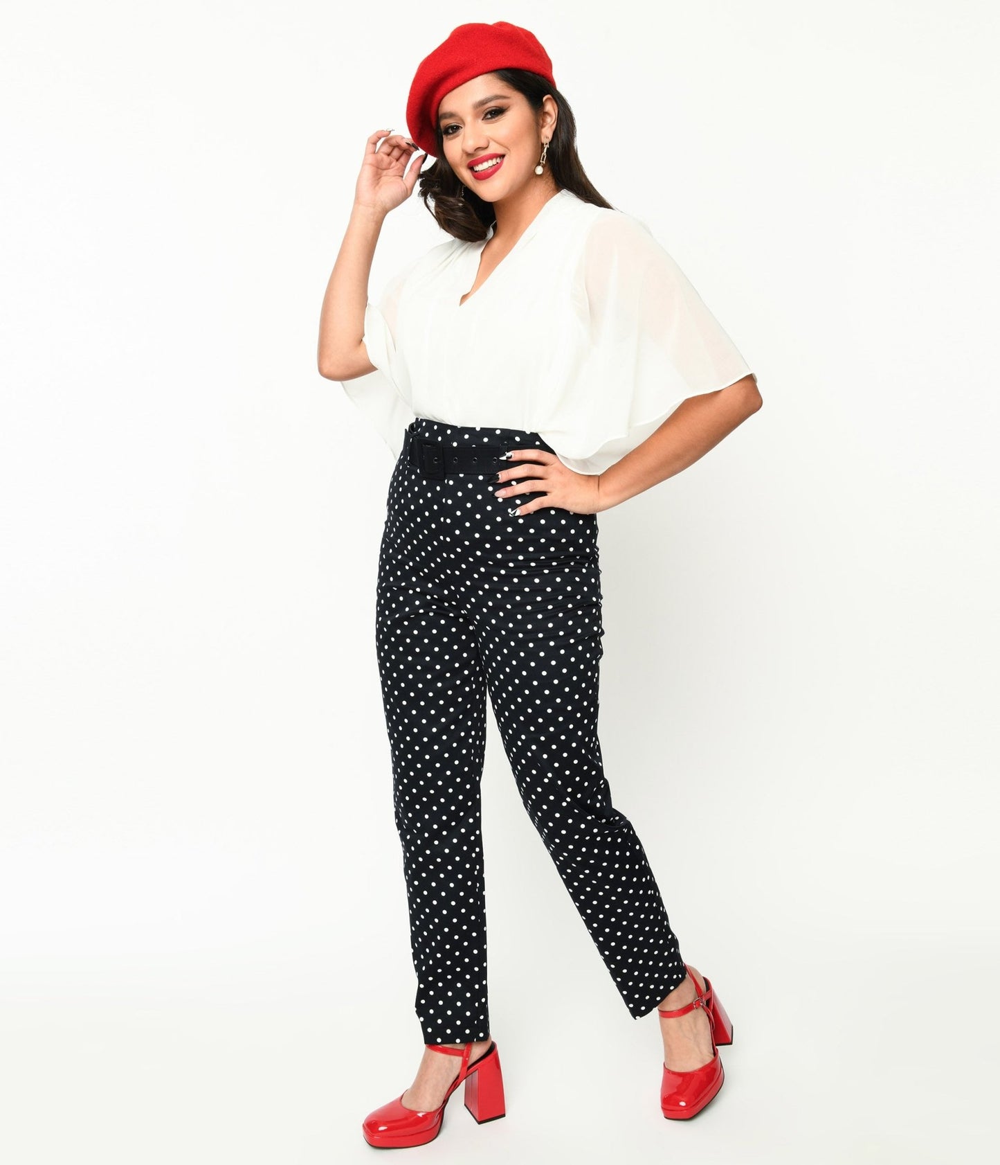 Collectif Black & White Polka Dot Belted Thea Pants - Unique Vintage - Womens, BOTTOMS, PANTS