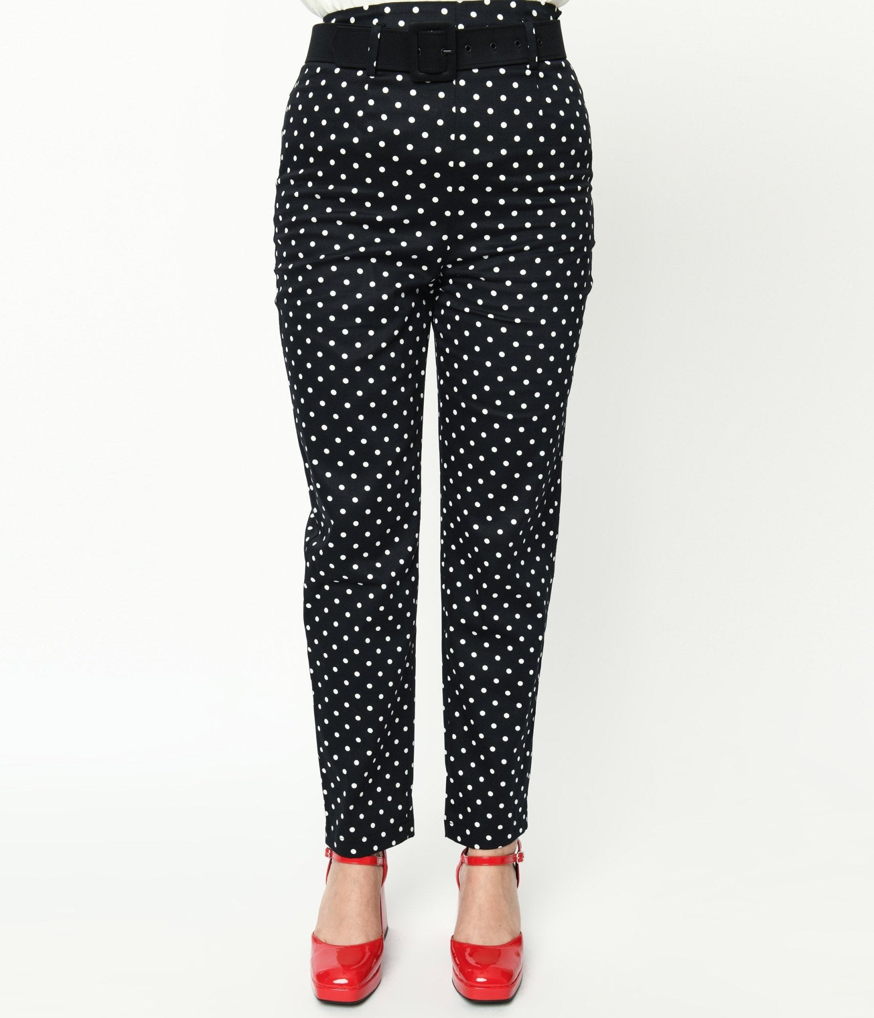 Collectif Black & White Polka Dot Belted Thea Pants - Unique Vintage - Womens, BOTTOMS, PANTS