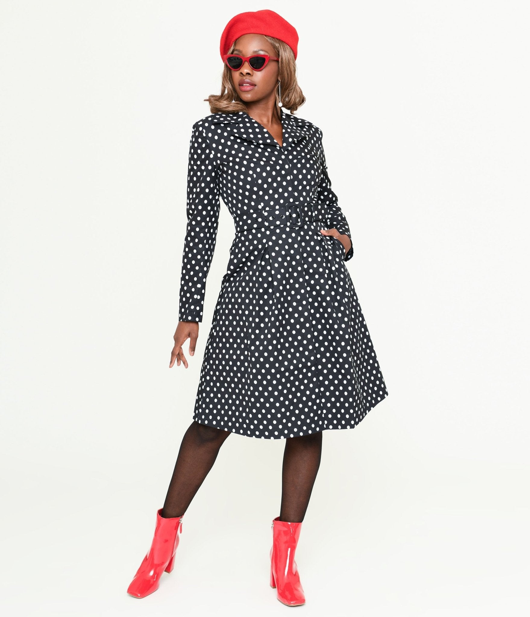 Collectif Black & White Polka Dot Jolianna Trench Coat - Unique Vintage - Womens, TOPS, OUTERWEAR
