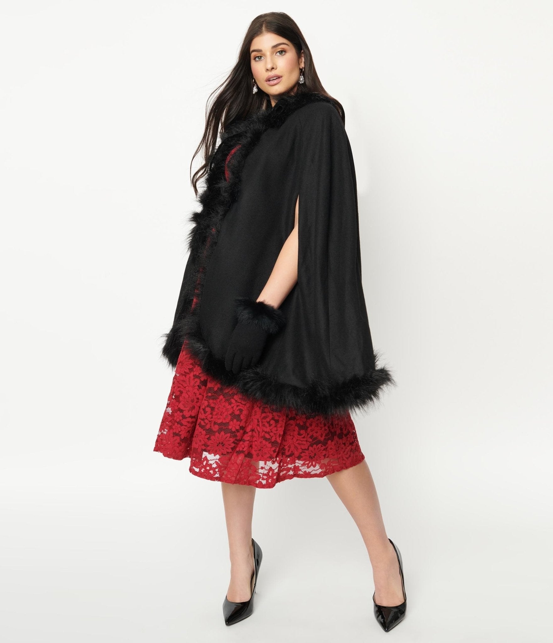 Collectif Black Wool & Fur Kori Cape Coat - Unique Vintage - Womens, TOPS, OUTERWEAR