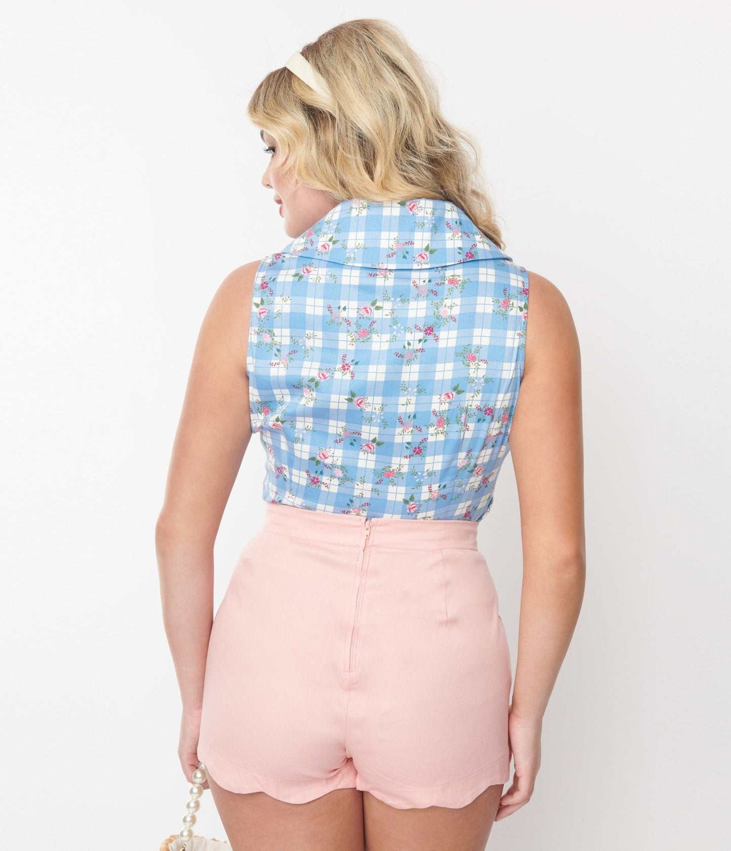 Collectif Blue & White Floral Gingham Hillary Top - Unique Vintage - Womens, TOPS, WOVEN TOPS