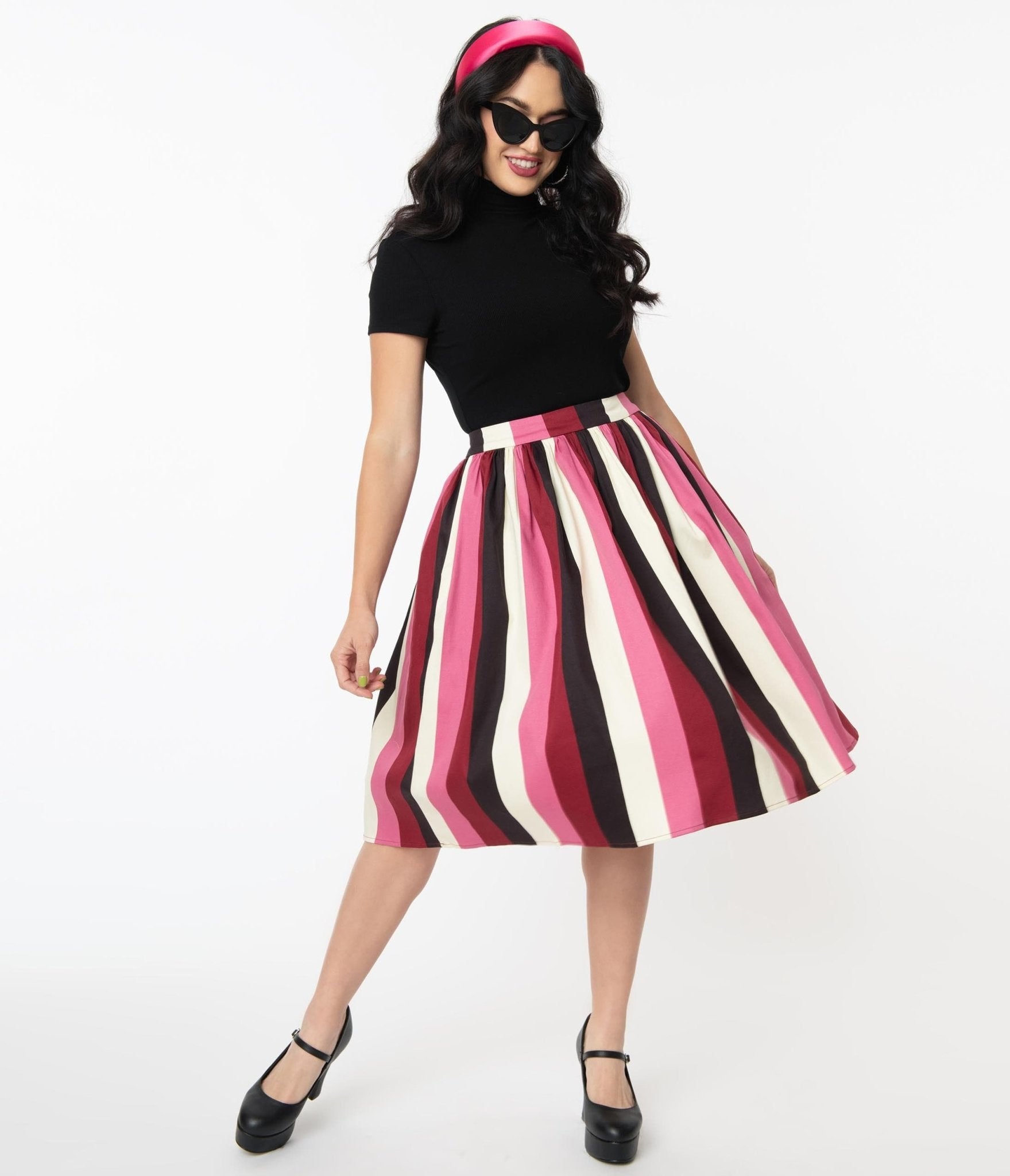 Collectif Bubble Gum Stripe Jasmine Swing Skirt - Unique Vintage - Womens, BOTTOMS, SKIRTS