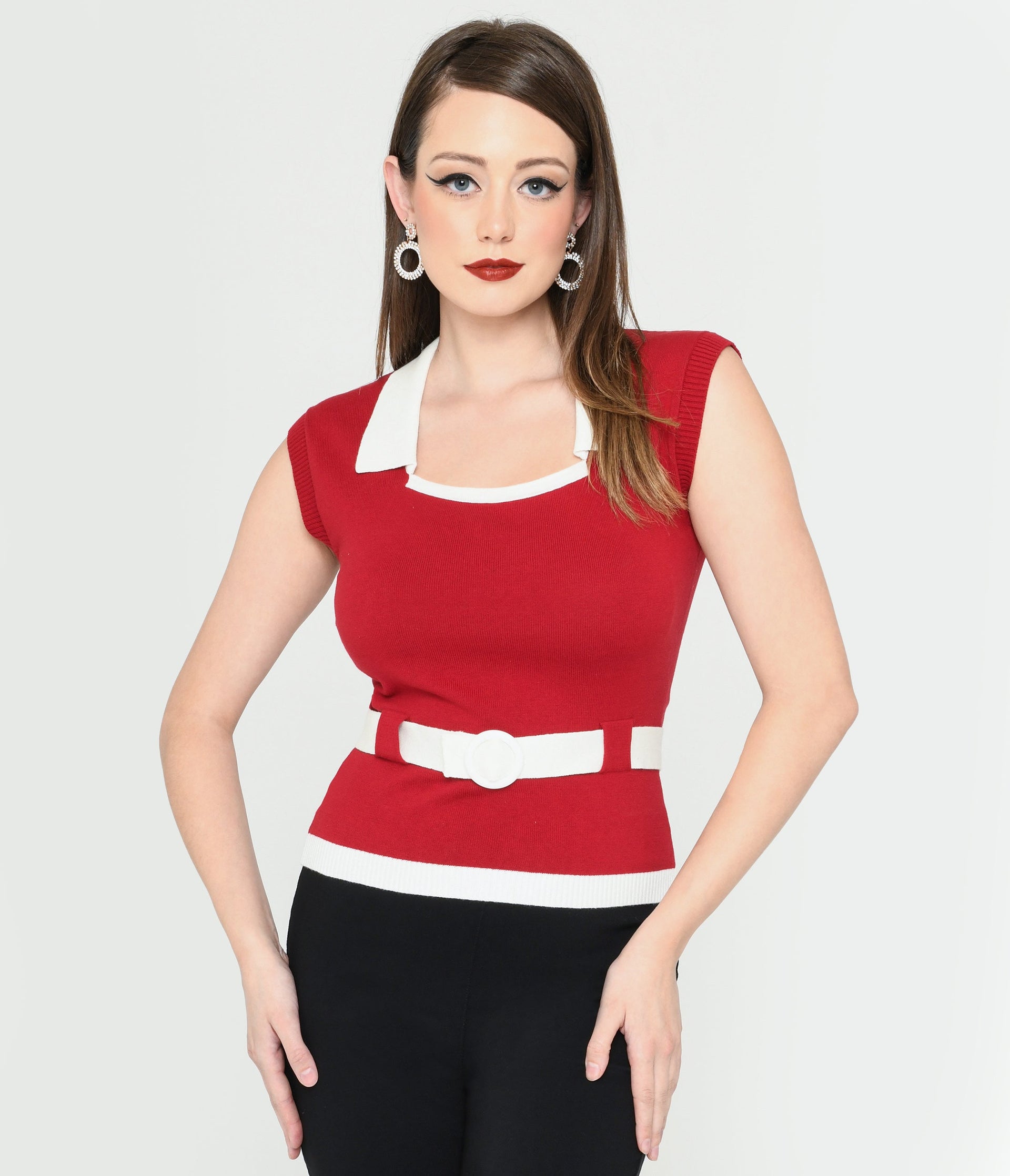 Collectif Burgundy & White Belted Norma Knit Top - Unique Vintage - Womens, TOPS, KNIT TOPS