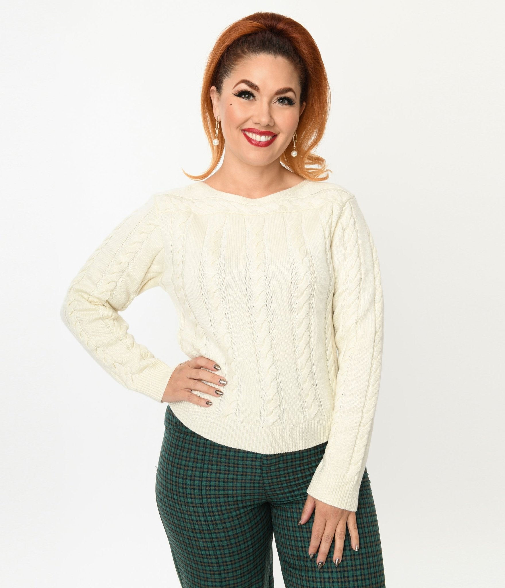Collectif Cream Cable Knit Hannah Sweater - Unique Vintage - Womens, TOPS, KNIT TOPS
