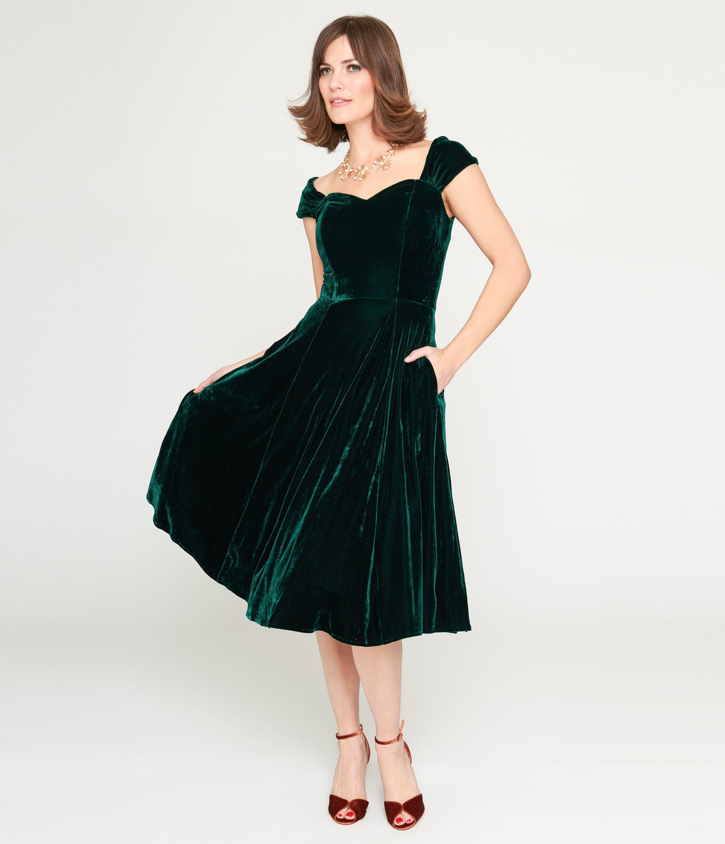 Collectif Green Velvet Karin Swing Dress - Unique Vintage - Womens, DRESSES, SWING