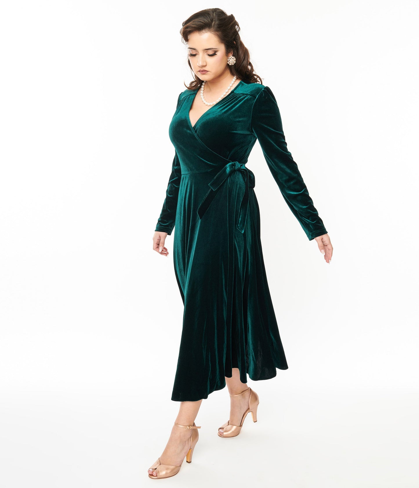 Collectif Green Velvet Kendra Wrap Dress - Unique Vintage - Womens, DRESSES, MIDI