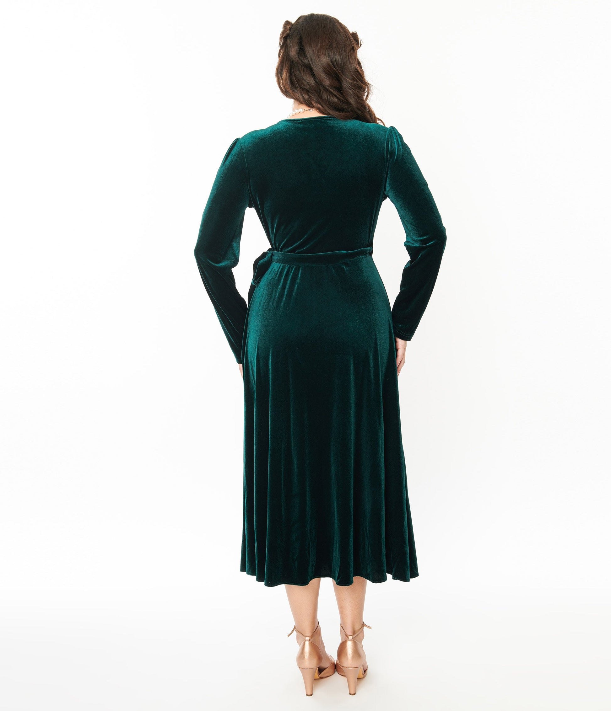 Collectif Green Velvet Kendra Wrap Dress - Unique Vintage - Womens, DRESSES, MIDI