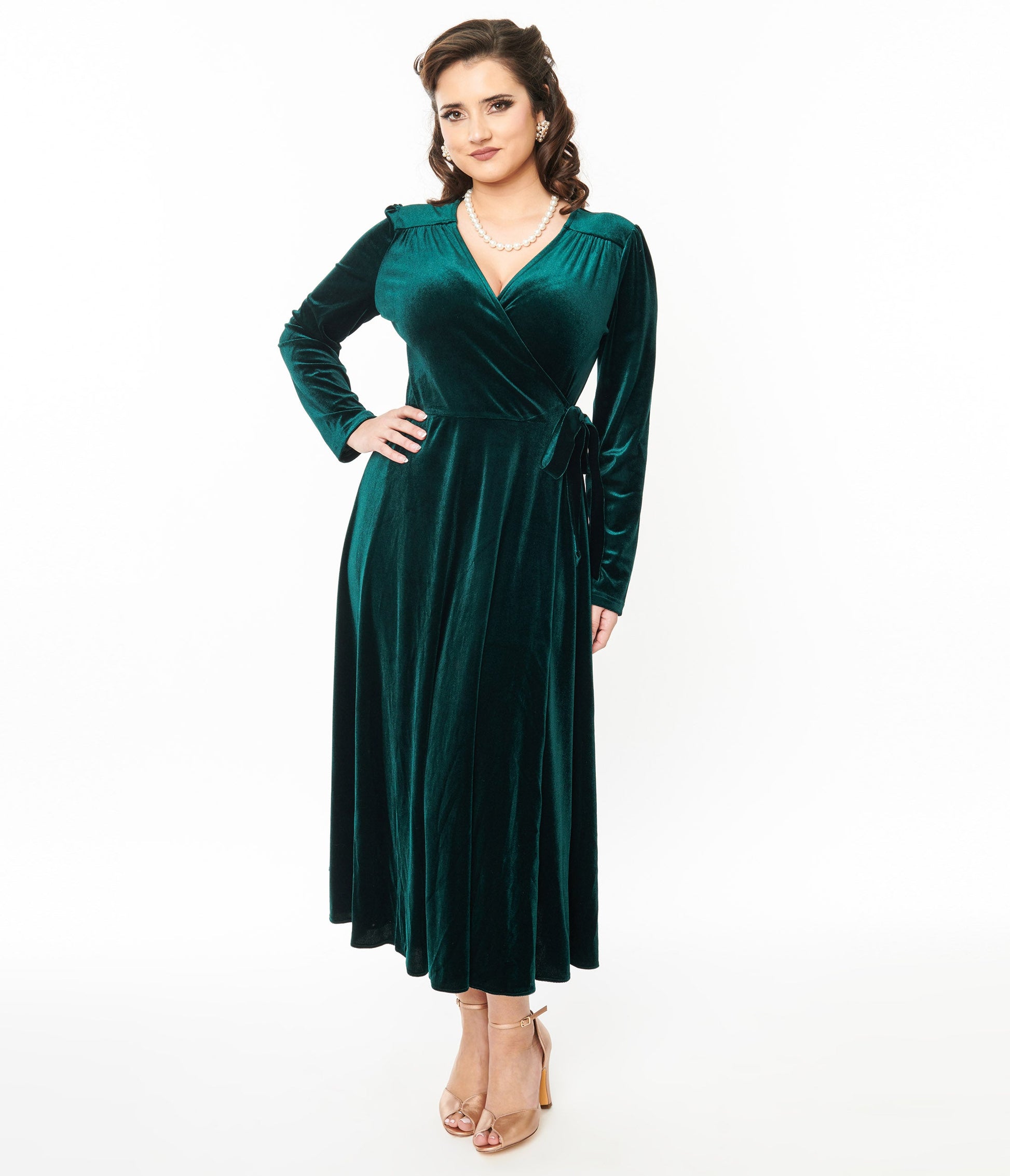Collectif Green Velvet Kendra Wrap Dress - Unique Vintage - Womens, DRESSES, MIDI