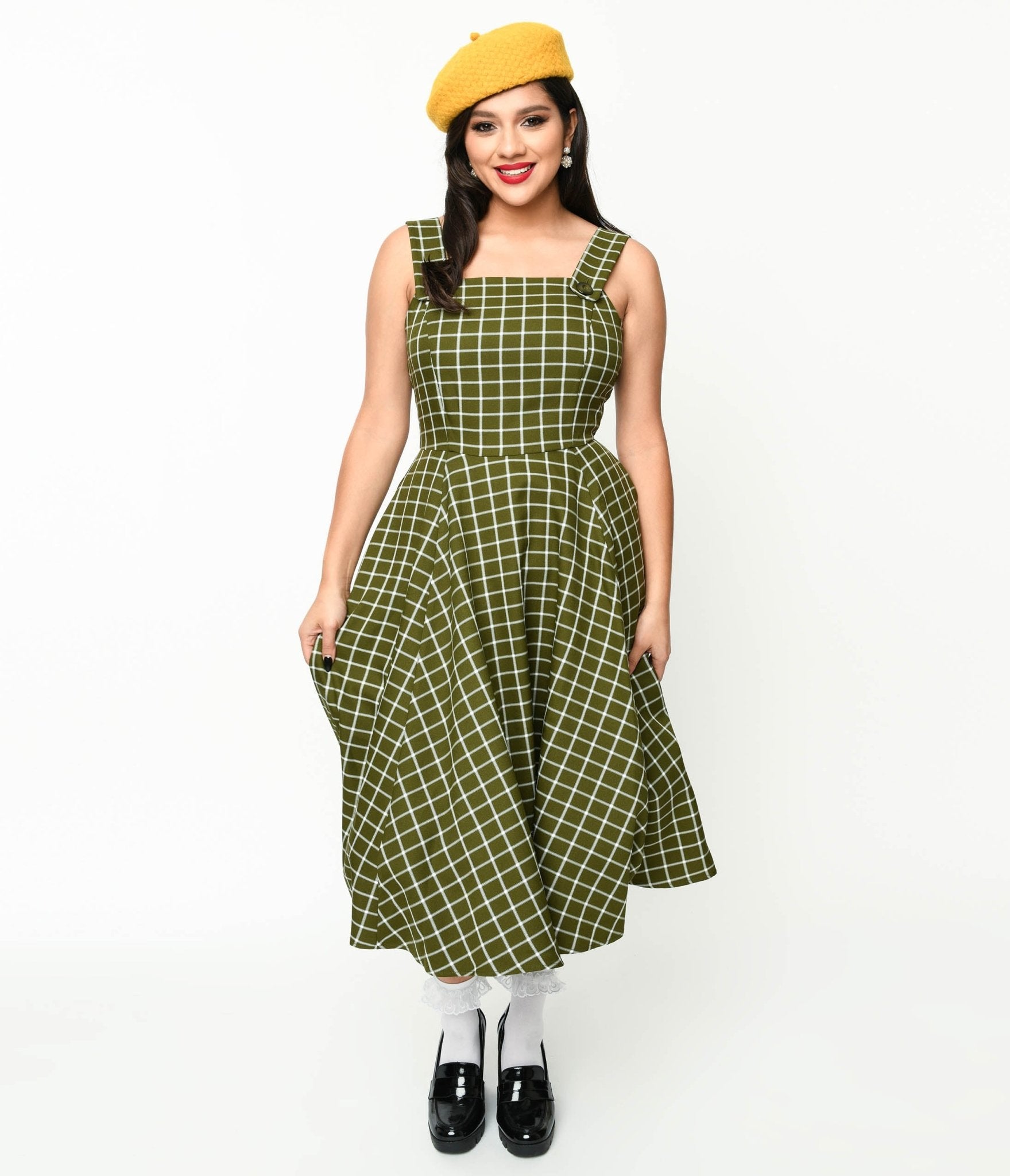 Collectif Green & White Checked Eloise Acres Swing Dress - Unique Vintage - Womens, DRESSES, SWING