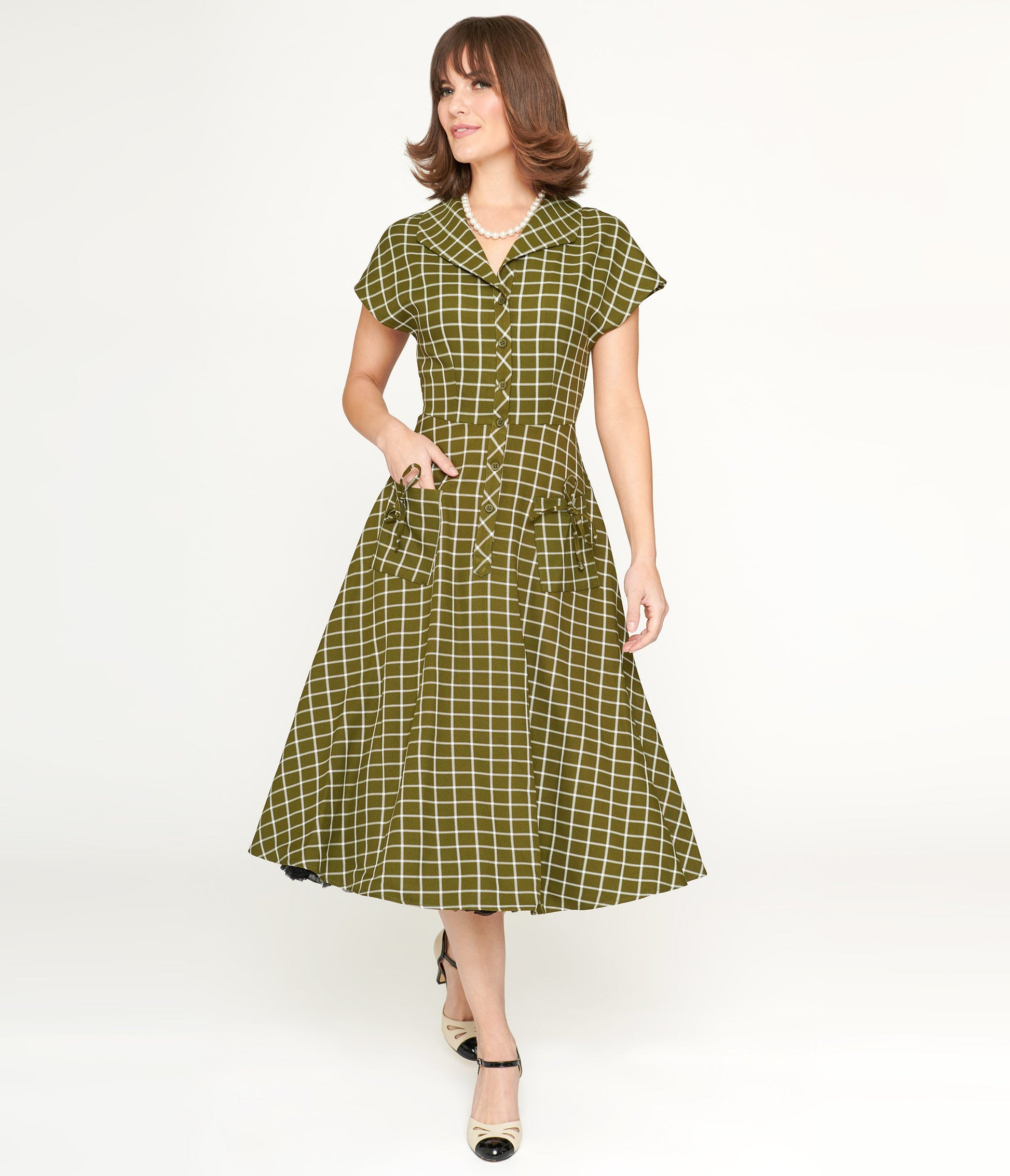Collectif Green & White Checked Liza Acres Swing Dress - Unique Vintage - Womens, DRESSES, SWING