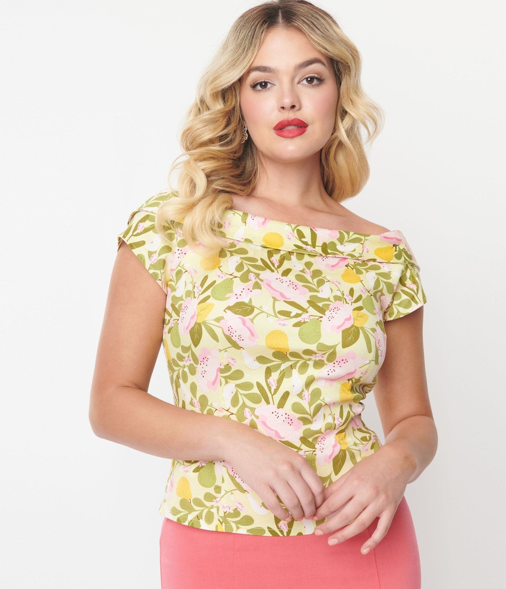 Collectif Light Lime Green Orchard Print Cordelia Top - Unique Vintage - Womens, TOPS, WOVEN TOPS