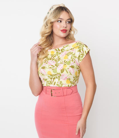 Collectif Light Lime Green Orchard Print Cordelia Top - Unique Vintage - Womens, TOPS, WOVEN TOPS