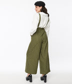 Collectif Olive Green & White Windowpane Glynda Suspender Pants - Unique Vintage - Womens, BOTTOMS, PANTS
