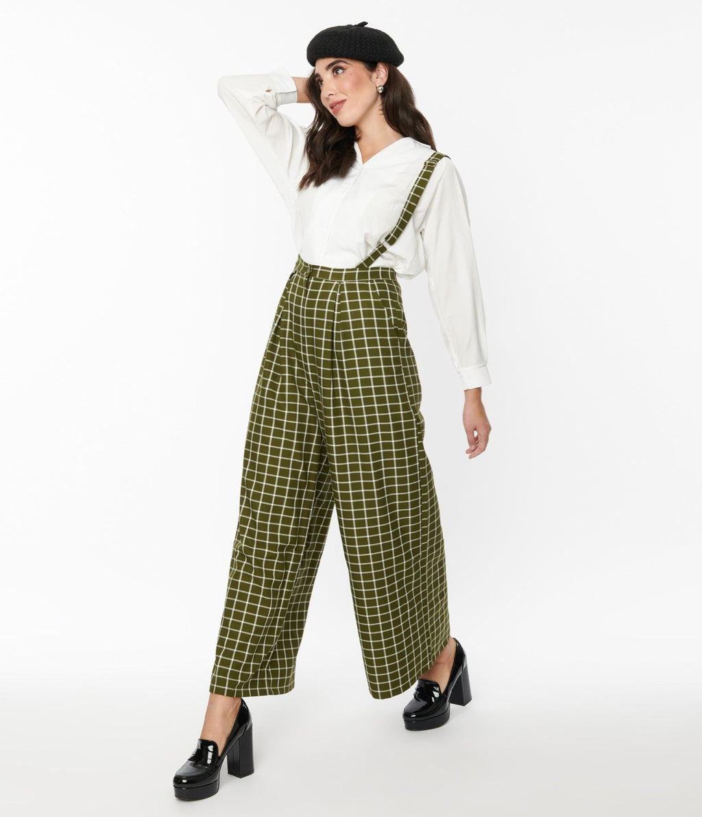 Collectif Olive Green & White Windowpane Glynda Suspender Pants - Unique Vintage - Womens, BOTTOMS, PANTS