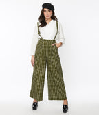 Collectif Olive Green & White Windowpane Glynda Suspender Pants - Unique Vintage - Womens, BOTTOMS, PANTS