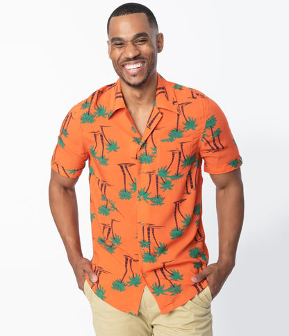 Collectif Orange & Palm Beach Print Oscar Mens Shirt - Unique Vintage - Mens, TOPS, WOVEN TOPS