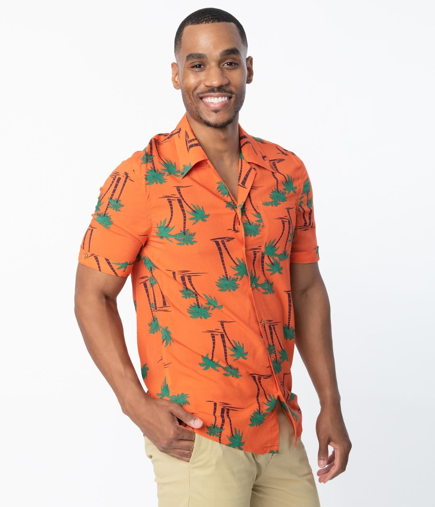 Collectif Orange & Palm Beach Print Oscar Mens Shirt - Unique Vintage - Mens, TOPS, WOVEN TOPS