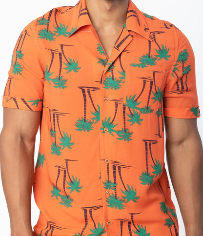 Collectif Orange & Palm Beach Print Oscar Mens Shirt - Unique Vintage - Mens, TOPS, WOVEN TOPS