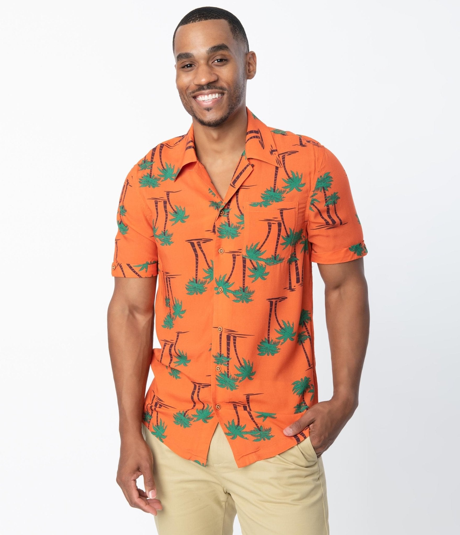 Collectif Orange & Palm Beach Print Oscar Mens Shirt - Unique Vintage - Mens, TOPS, WOVEN TOPS