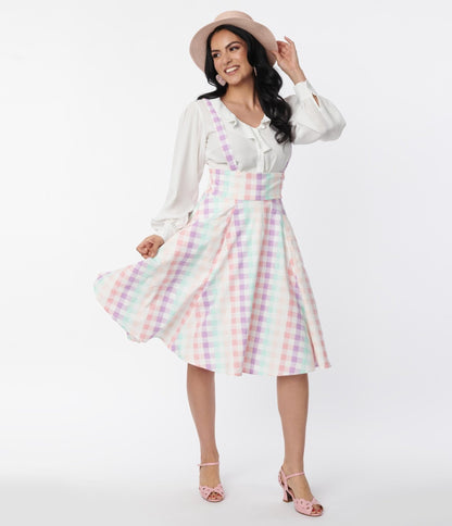Collectif Pastel Rainbow Gingham Suspender Swing Skirt - Unique Vintage - Womens, BOTTOMS, SKIRTS