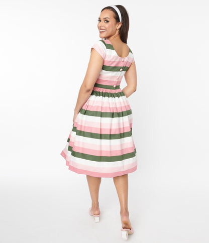 Collectif Pink & Green Stripe Swing Dress - Unique Vintage - Womens, DRESSES, SWING