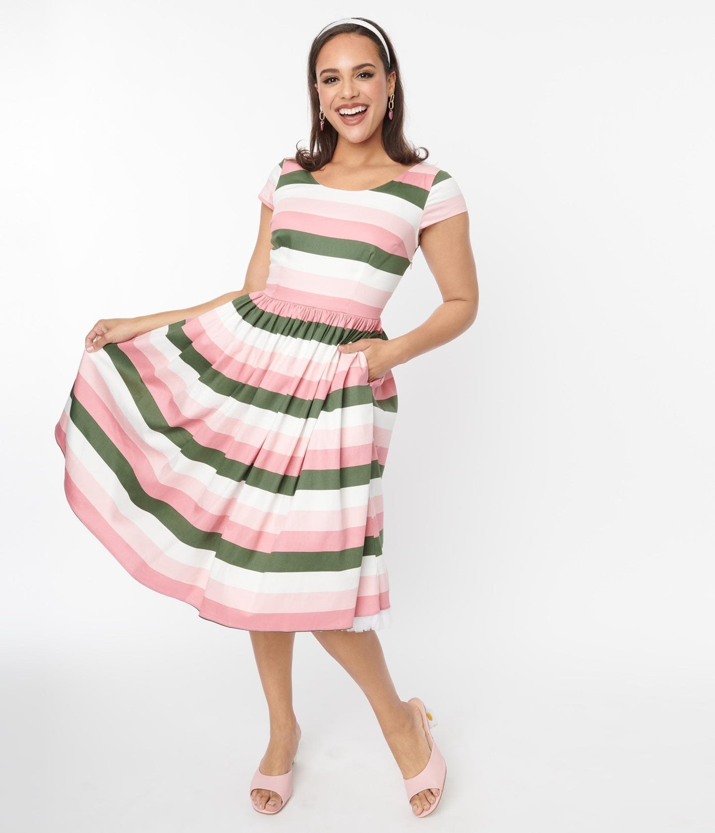 Collectif Pink & Green Stripe Swing Dress - Unique Vintage - Womens, DRESSES, SWING