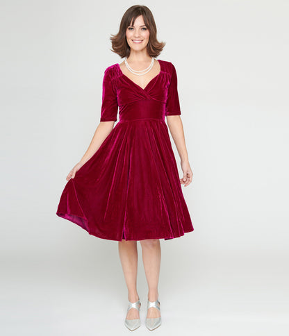 Collectif Plum Velvet Trixie Flare Dress - Unique Vintage - Womens, DRESSES, SWING