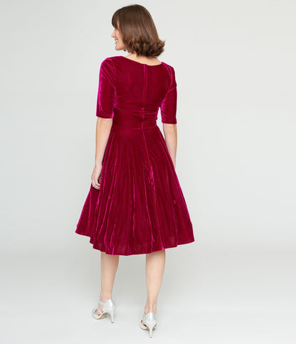 Collectif Plum Velvet Trixie Flare Dress - Unique Vintage - Womens, DRESSES, SWING