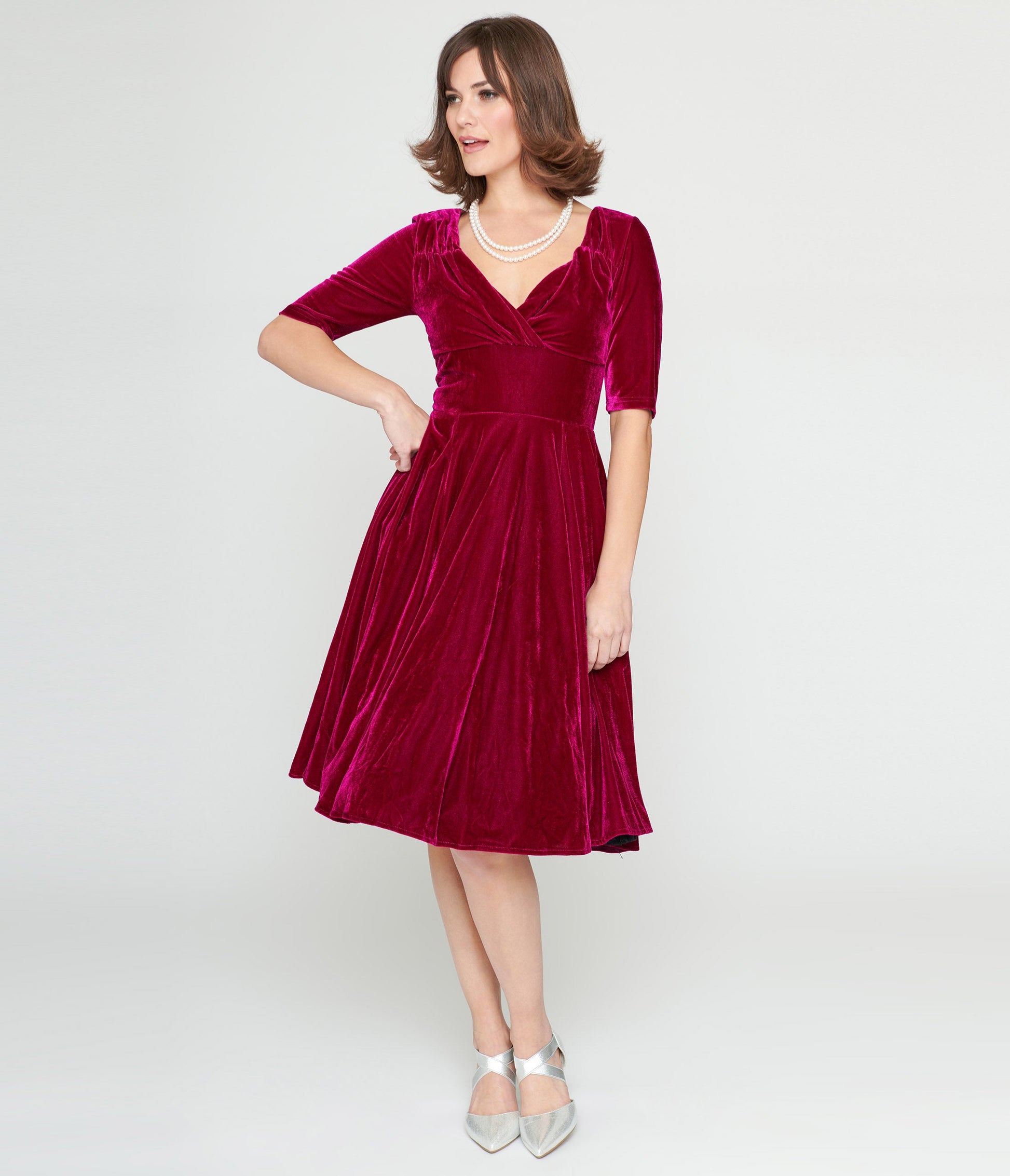 Collectif Plum Velvet Trixie Flare Dress - Unique Vintage - Womens, DRESSES, SWING