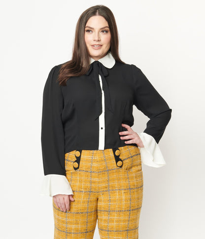 Collectif Plus Size Black & White Collar Prudence Blouse - Unique Vintage - Womens, TOPS, WOVEN TOPS