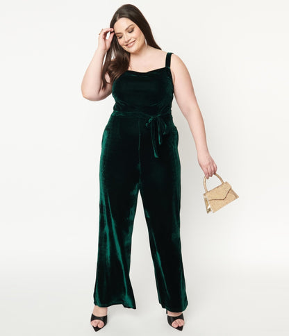 Collectif Plus Size Emerald Velvet Joan Jumpsuit - Unique Vintage - Womens, BOTTOMS, ROMPERS AND JUMPSUITS
