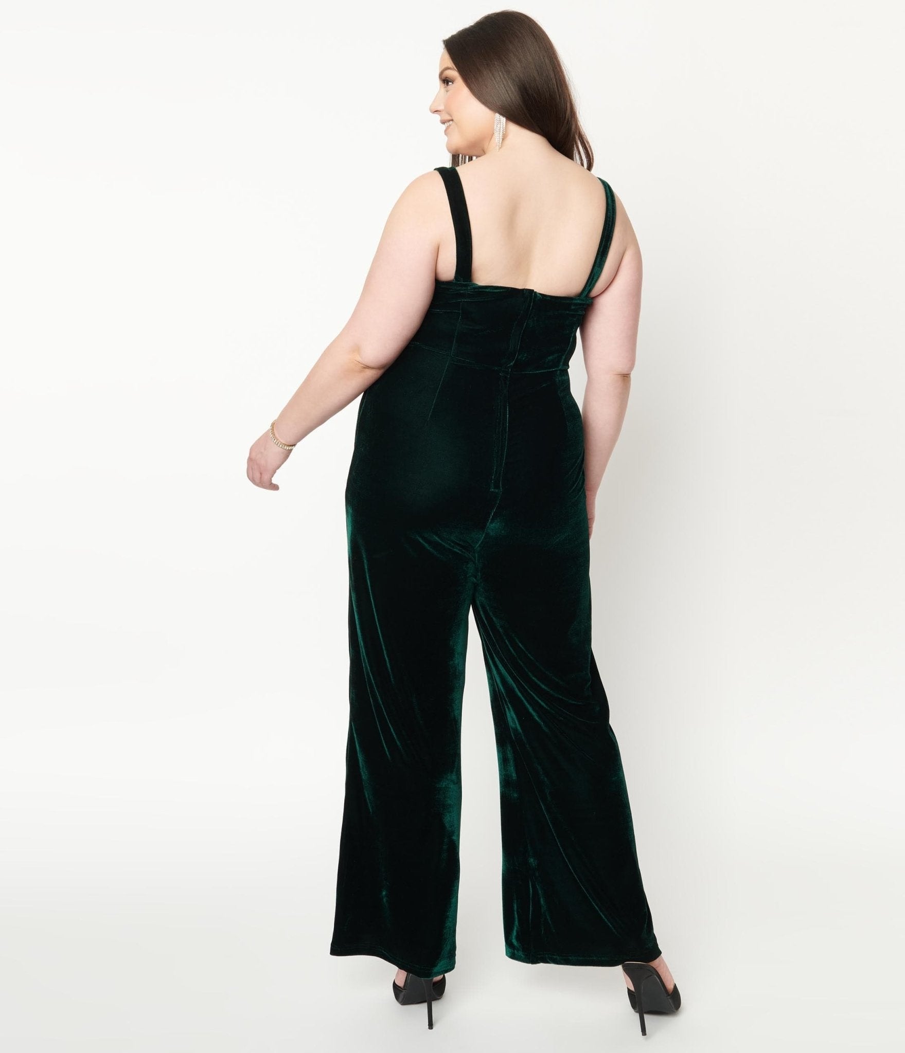 Collectif Plus Size Emerald Velvet Joan Jumpsuit - Unique Vintage - Womens, BOTTOMS, ROMPERS AND JUMPSUITS