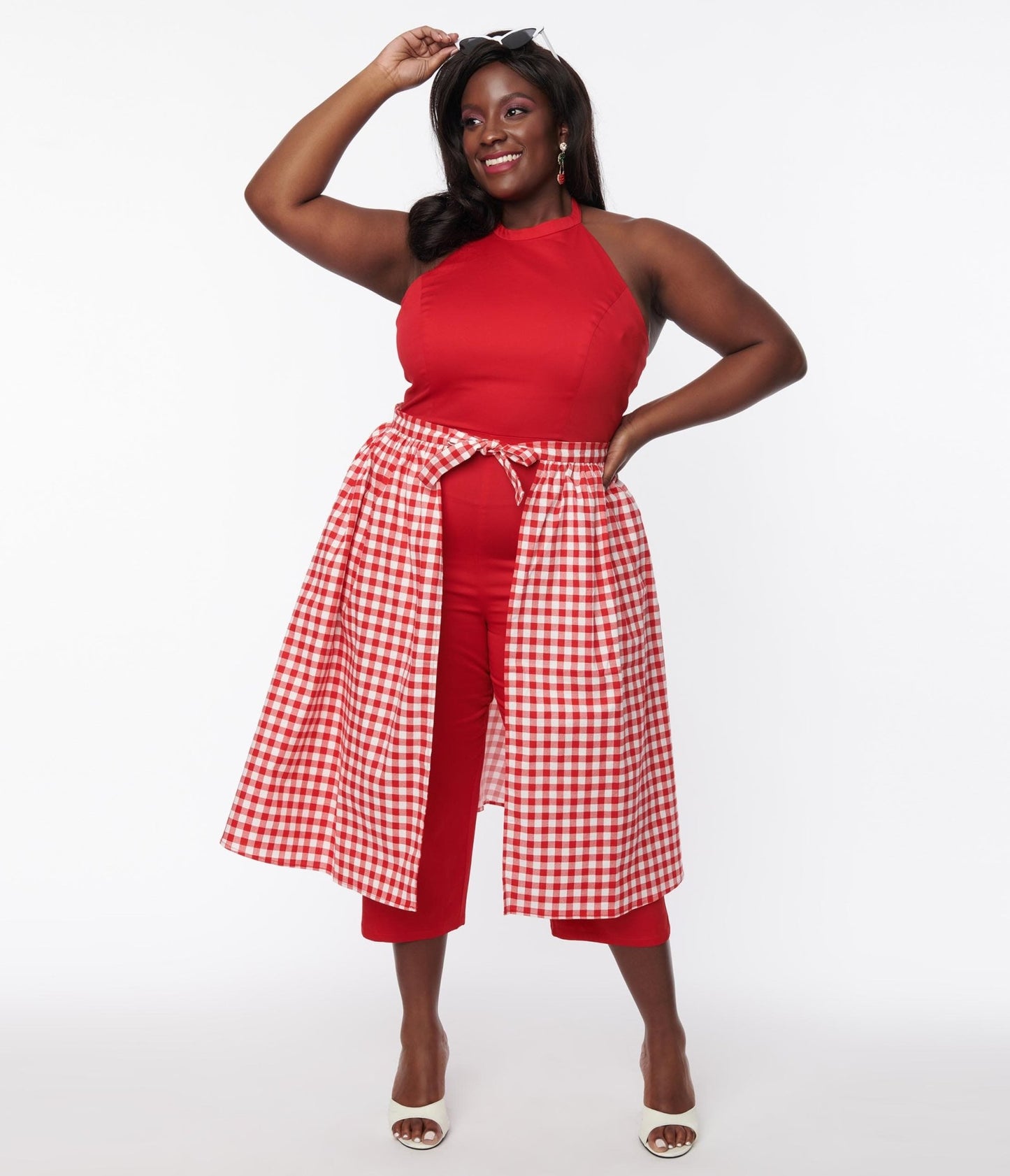 Collectif Plus Size Red Gingham Skirted Midge Jumpsuit Set - Unique Vintage - Womens, BOTTOMS, ROMPERS AND JUMPSUITS