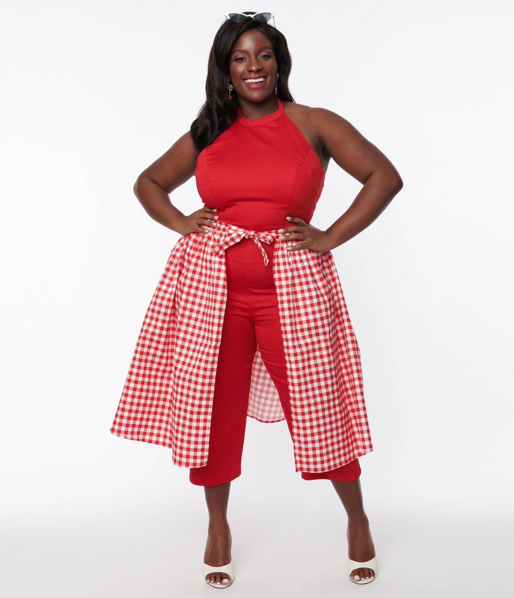 Collectif Plus Size Red Gingham Skirted Midge Jumpsuit Set - Unique Vintage - Womens, BOTTOMS, ROMPERS AND JUMPSUITS