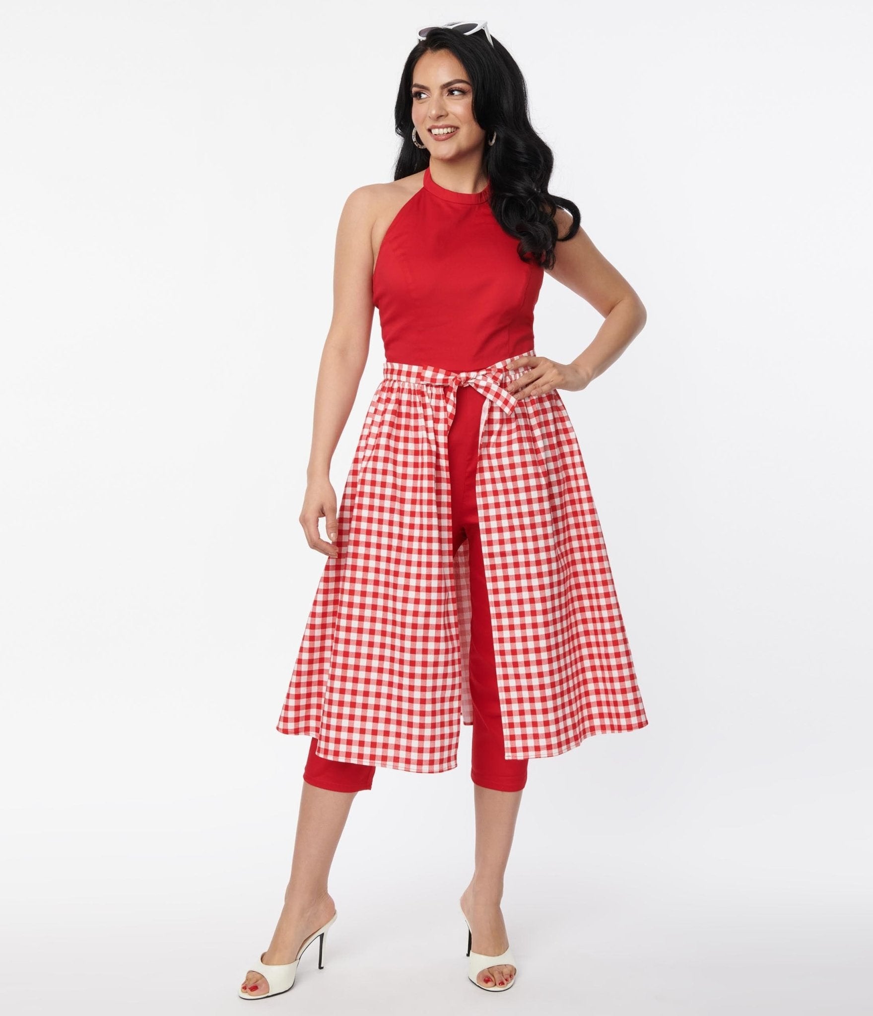 Collectif Red Gingham Skirted Midge Jumpsuit Set - Unique Vintage - Womens, BOTTOMS, ROMPERS AND JUMPSUITS