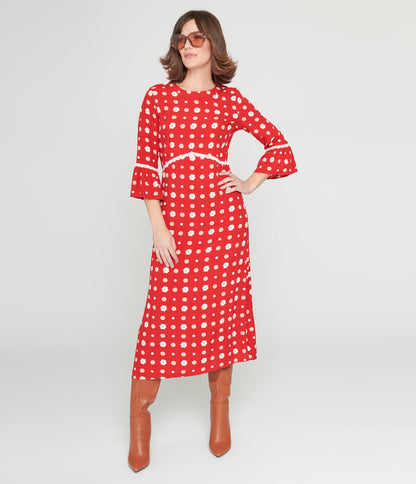 Collectif Red & White Poppy Print Midi Dress - Unique Vintage - Womens, DRESSES, MIDI