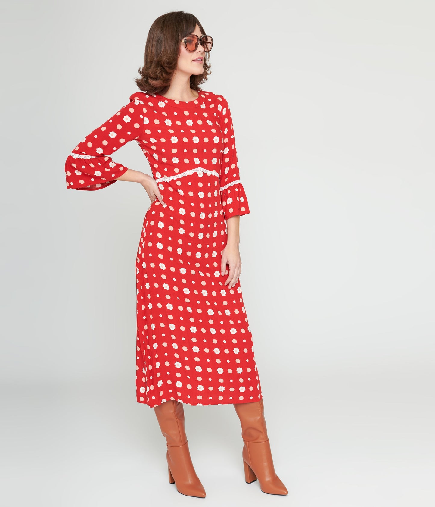 Collectif Red & White Poppy Print Midi Dress - Unique Vintage - Womens, DRESSES, MIDI