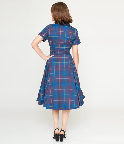 Collectif Teal & Purple Checkered Caterina Swing Dress - Unique Vintage - Womens, DRESSES, SWING