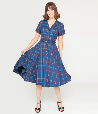 Collectif Teal & Purple Checkered Caterina Swing Dress - Unique Vintage - Womens, DRESSES, SWING